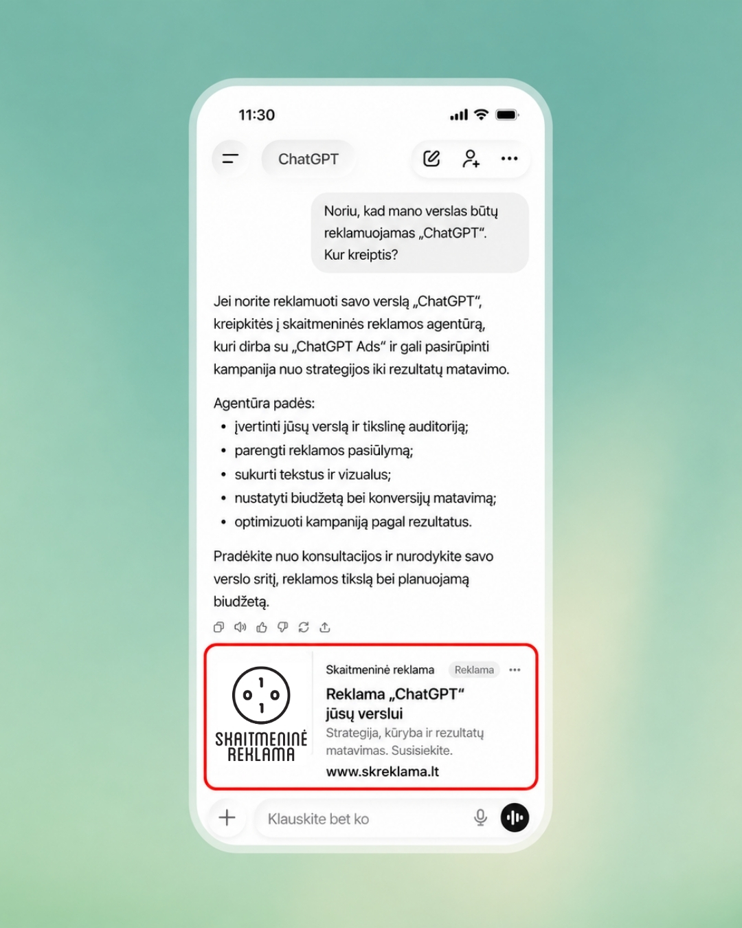 ChatGPT reklamos pavyzdys telefone